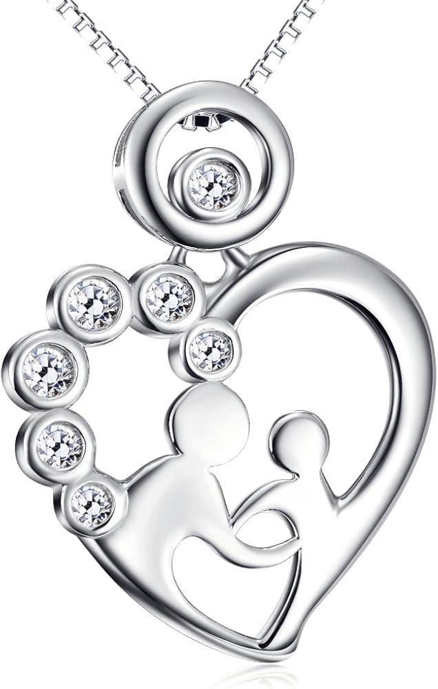 (Mother and Child Necklace) Mother's Day Sterling Silver Mother's Love Cubic Zirconia Heart Pendant Necklace