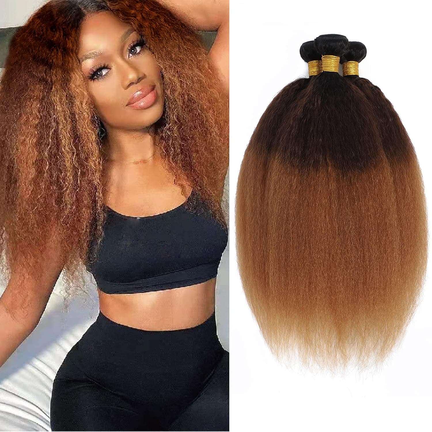 Ombre Kinky Straight 3 Bundles Yaki 1B/4/30 bundles Brazilian Virgin Human Hair Three-tone 1B/4/30# Yaki 3bundles(12 14 16)