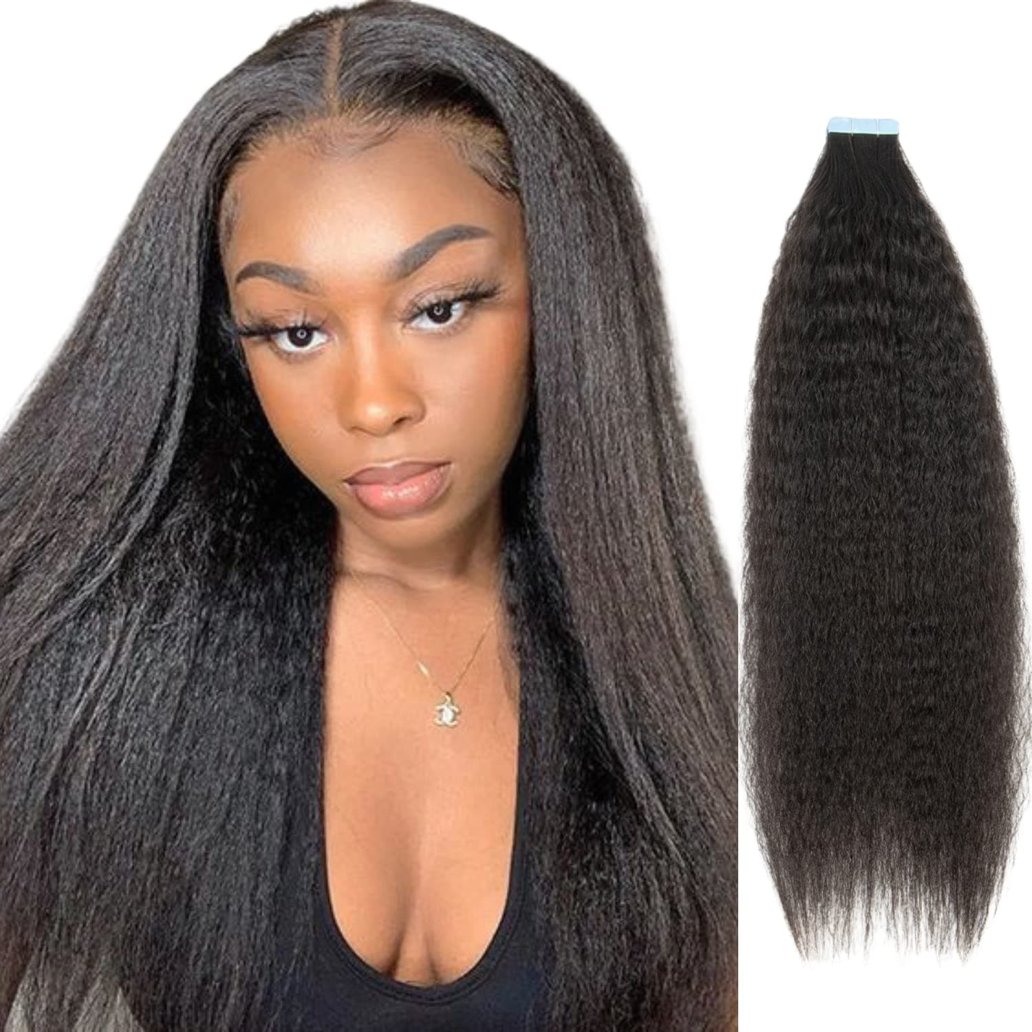 MRSHAIR Tape in Hair Extensions 14 Inch Kinky Straight Tape in Hair Extensions for Black Women 40g Real Human Hair Lasting Soft Silky Contains Super Tape