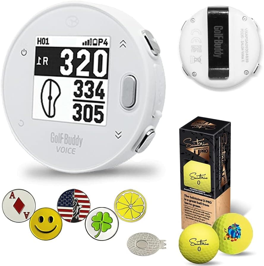 GolfBuddy Voice X GPS/Rangefinder Bundle with 5 Ball Markers, 1 Magnetic Hat Clip and Saintnine 2 Ball Sleeve … (White)