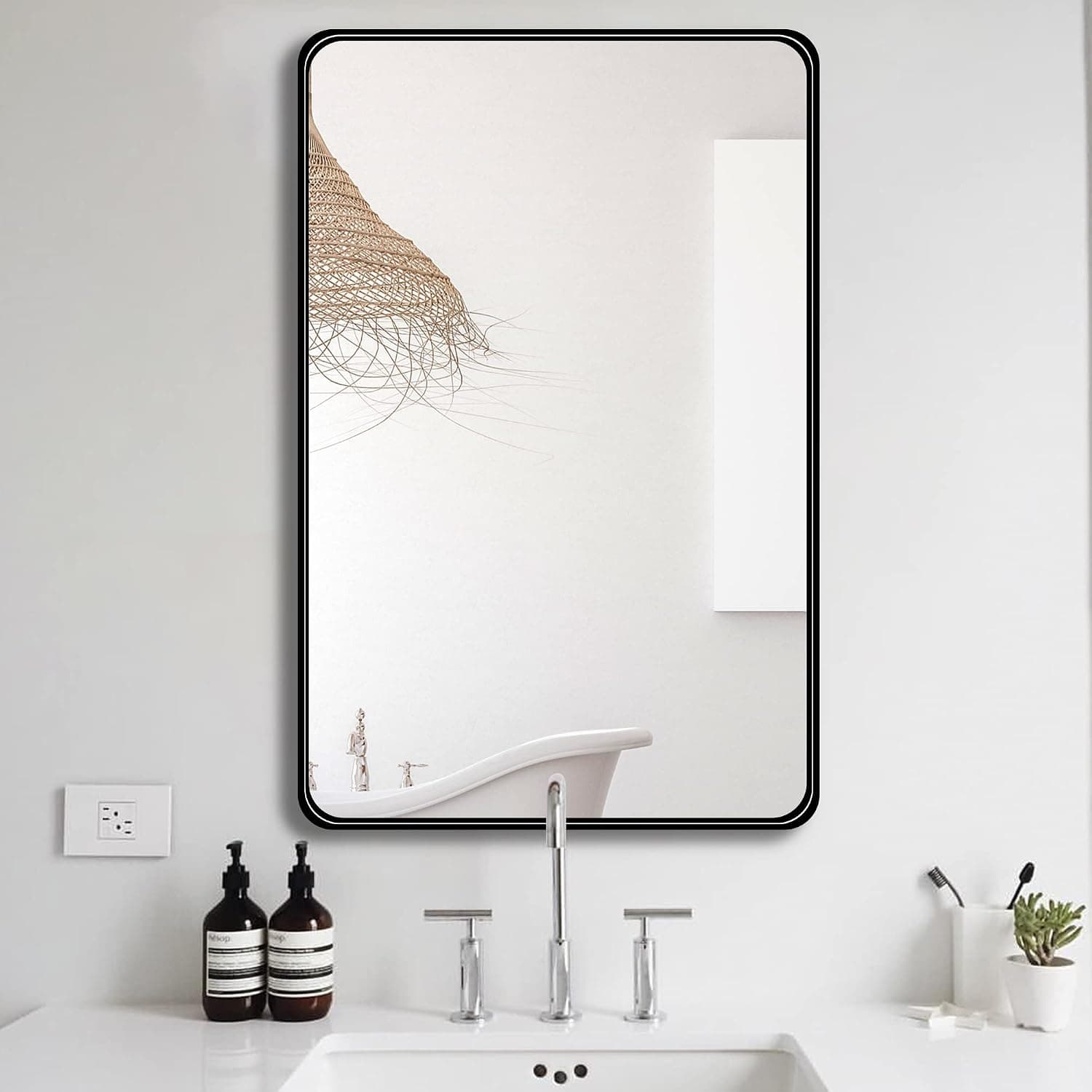 Clavie Bathroom Mirror, 24x36 Inch Black Metal Mirror with Rounded Corner Rectangle, Vertical or Horizontal Hanging Modern Bathroom Mirror, Decorative Wall Mirrors for Living Room, Bedroom