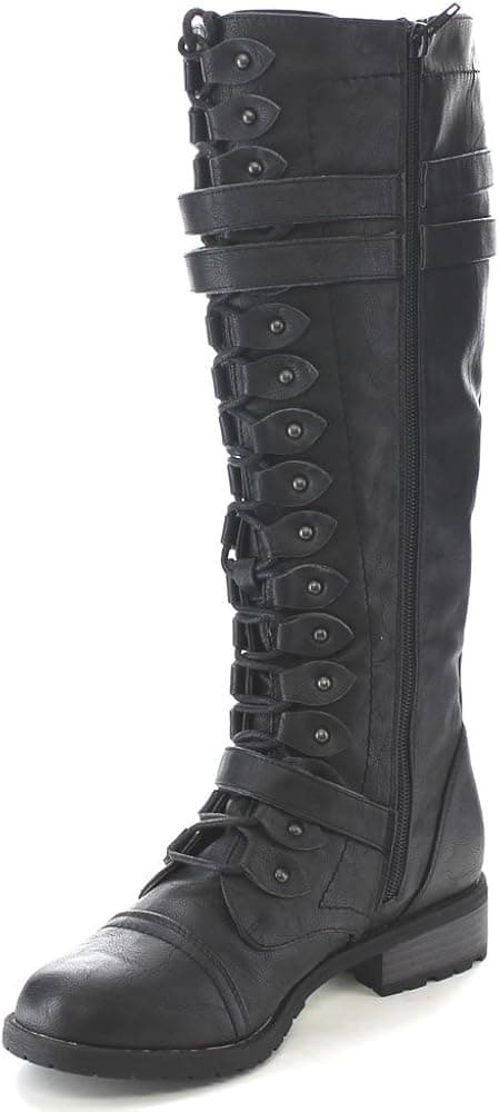 Wild Diva Women's Fashion Timberly-65 Military Knee High Combat Boots Shoes Black Pu 8
