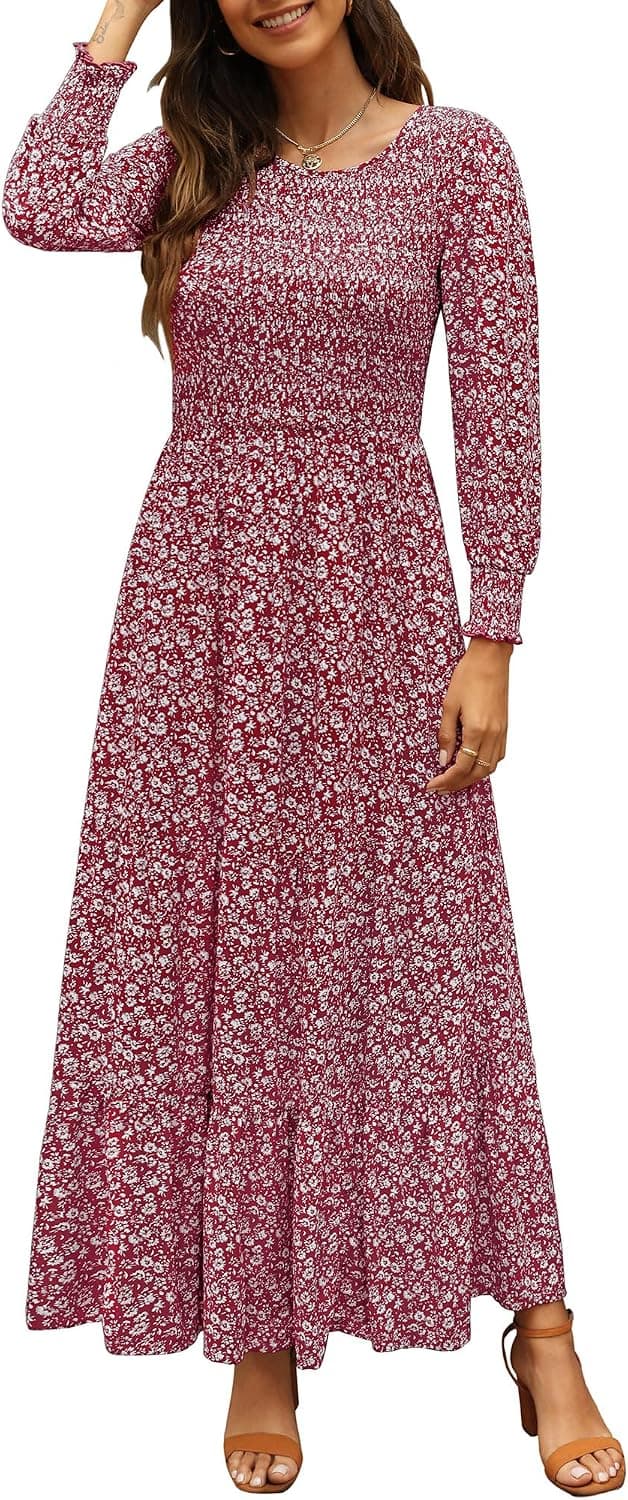 Annebouti Long Sleeve Fall Dress for Women Tiered Smocked Boho Floral Maxi Dress Wine