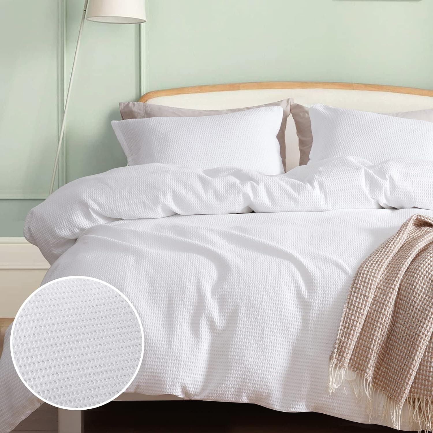 PHF Cotton Waffle Duvet Cover King Size, Ultra Soft Cotton Blend Comforter Cover Set, Comfy Breathable and Decorative Duver Cover Set with Pillow Shams Bedding Collection, 104"x90", White