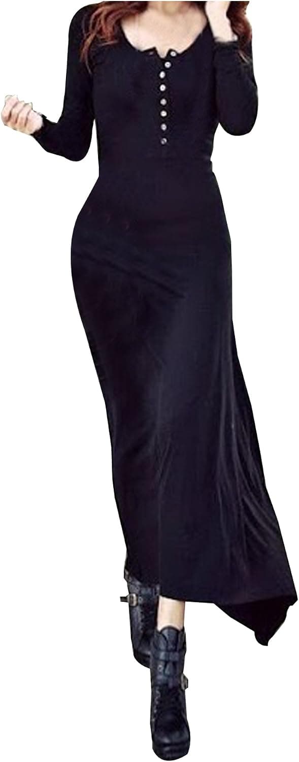 CA Fashion Women's Crew Neck Buttons Long Sleeve Maxi Long Dress Black