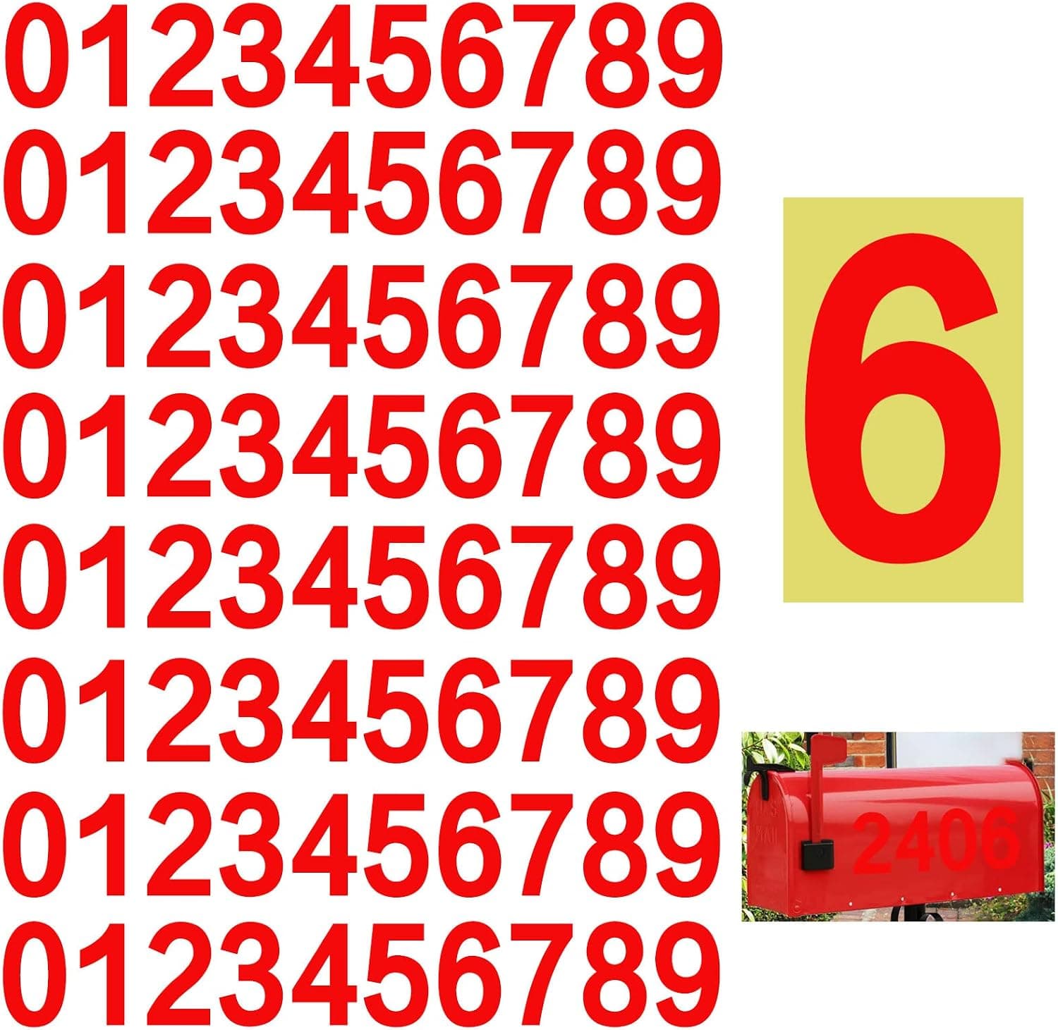 Yuomtf Reflective Mailbox Numbers Sticker for Outside，8 Sets 0-9 Self Adhesive Waterproof Number for Houses，Door，Cars ，Trucks (4inch, Red)