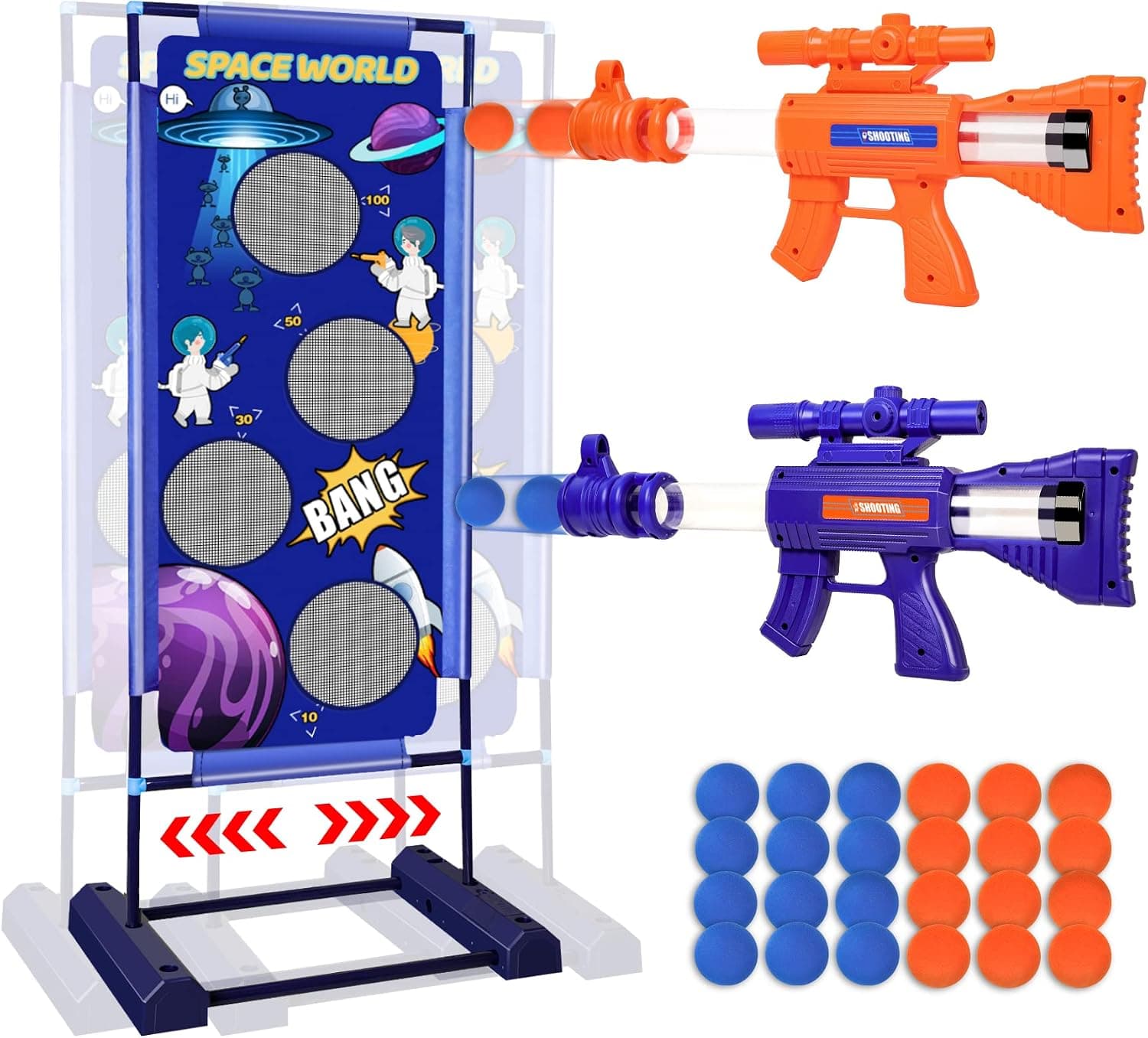 PHUNBYA Moving Shooting Games Toy, Target Toys for Age 6 7 8 9 10 to 12 Year Old Boys Girls with 2pk Foam Ball Popper Air Toy Guns & 24 Balls Kids, Compatible Nerf Gun, Game (tar-01)