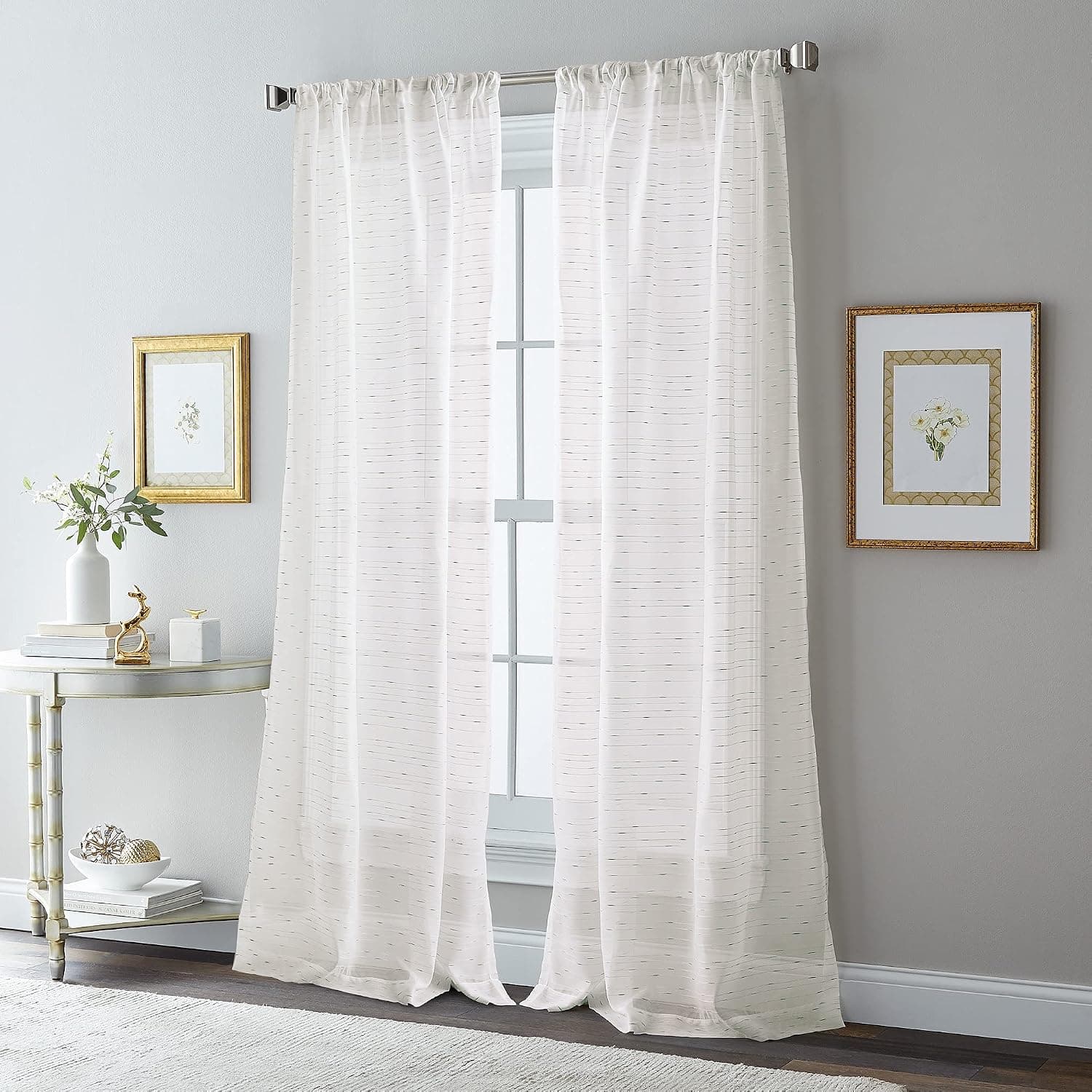 CHF Hailey Metallic Shimmer Sheer Rod Pocket Curtain Panel, 50 x 84 inch, Ivory