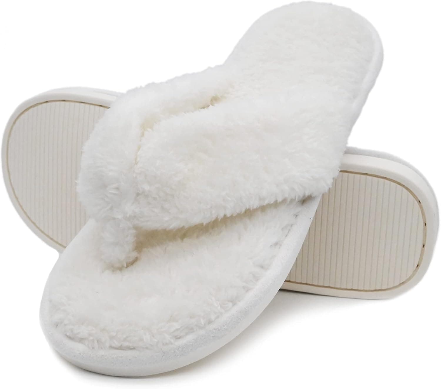 Onmygogo Plush Indoor Flip Flop Thong Slippers for Women Open Toe, Double Color Fuzzy Spa Slippers