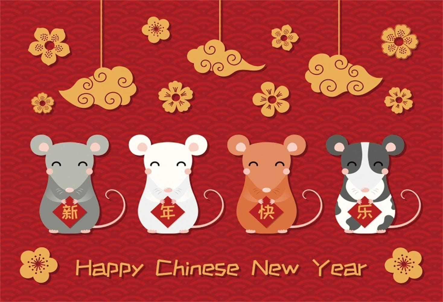 Leowefowa 5x3ft Happy Chinese New Year of The Rat Backdrop Vinyl Chinese Style New Year Picture Mouse Fuwa Auspicious Clouds Flowers Photography Background New Year Celebration Party Banner Studio