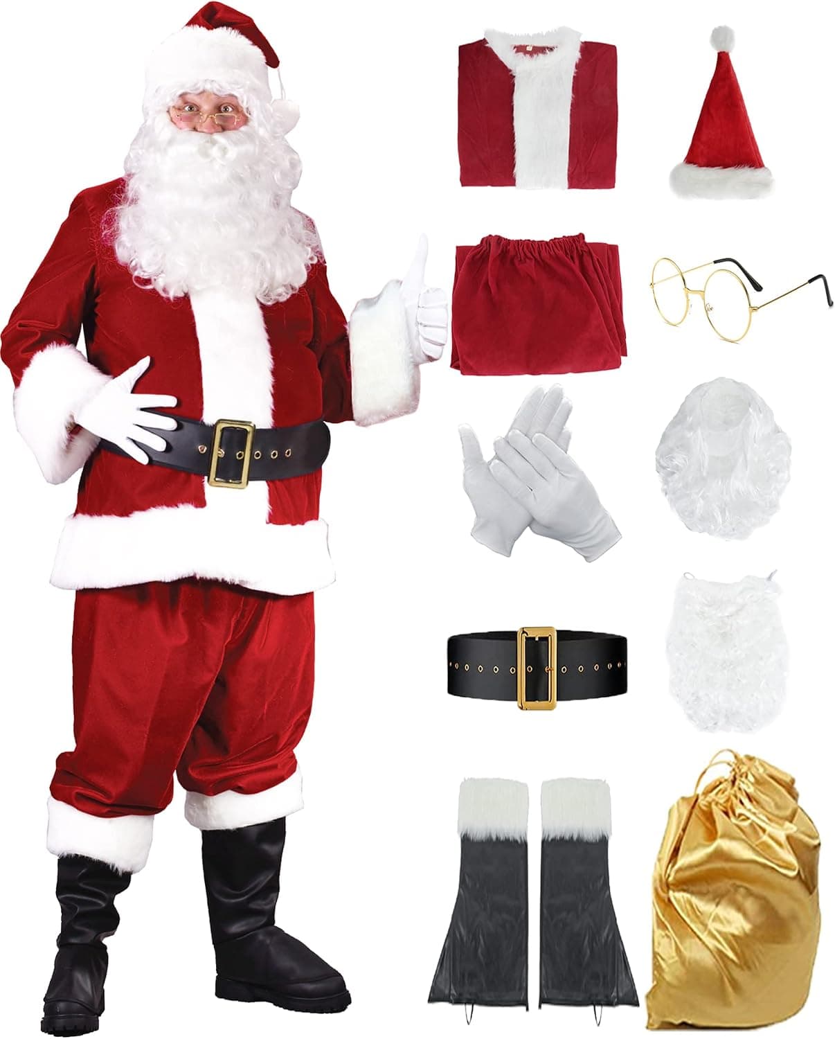 Ruimeier Men Deluxe Santa Costume Suit for Adults 10pcs Santa Claus Costumes for Christmas Xmas Velvet Red