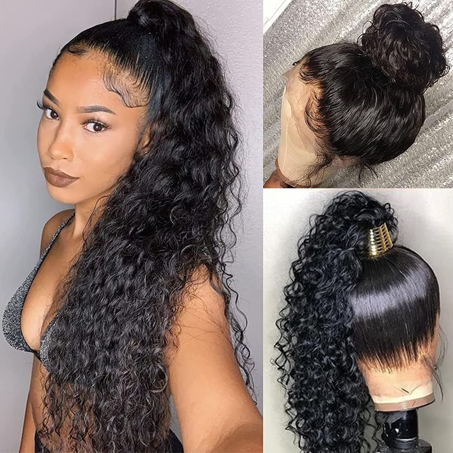 Full 360 Lace Front Wigs Human Hair Pre Plucked,18 Inch 180% Density 360 lace wigs,HD Transparent Curly Water Wave Lace Front Wigs Human Hair For Black Women,Can Make High Ponytail and Bun