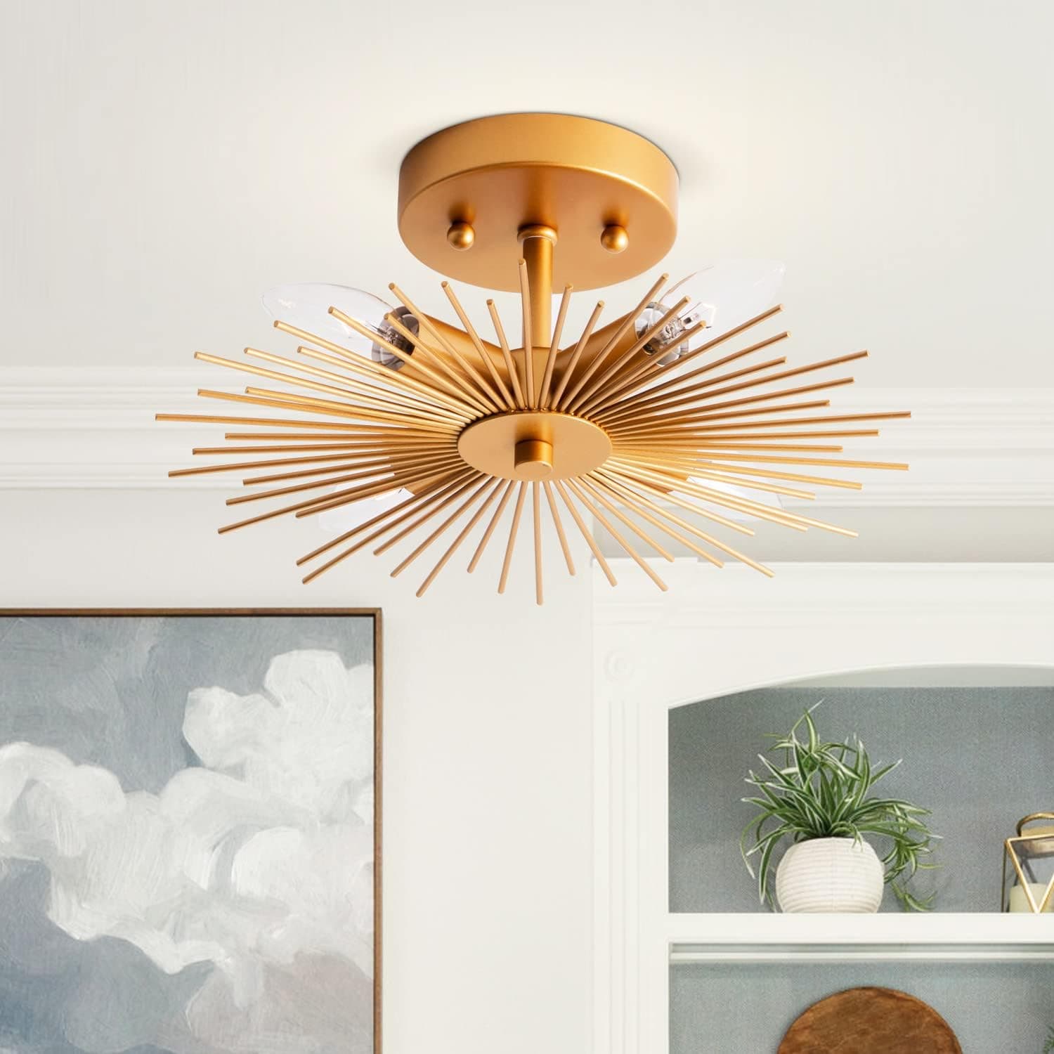 VILUXY Flush Mount Ceiling Light, Brass Gold Starburst Design Light Fixtures Ceiling for Hallway, Entryway, Study Room, Bedroom