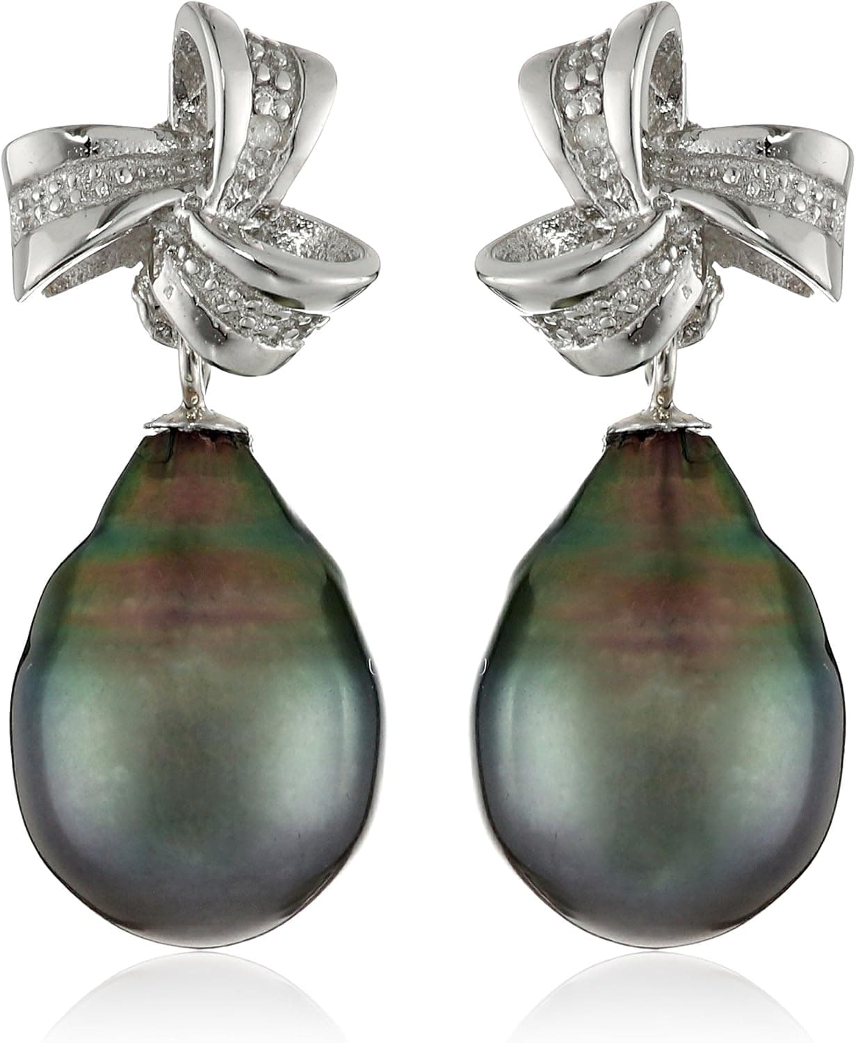 Amazon Collection Sterling Silver 9-9.5mm Tahitian Cultured Black Pearl and Diamond Ribbon Dangle Earrings