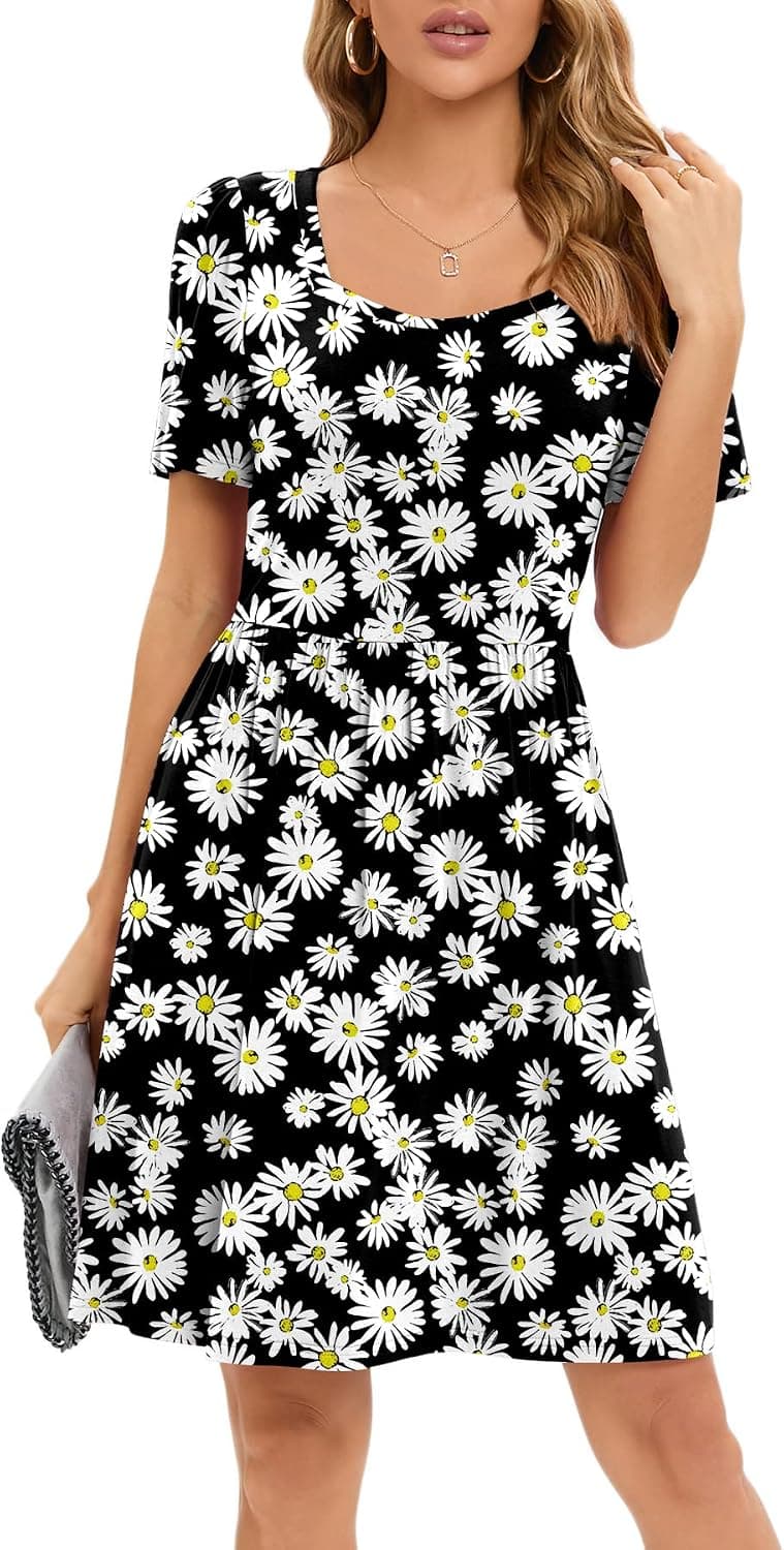 Anyproud Womens Casual Square Neck Short Sleeve Summer Flowy Knee Length Dresses