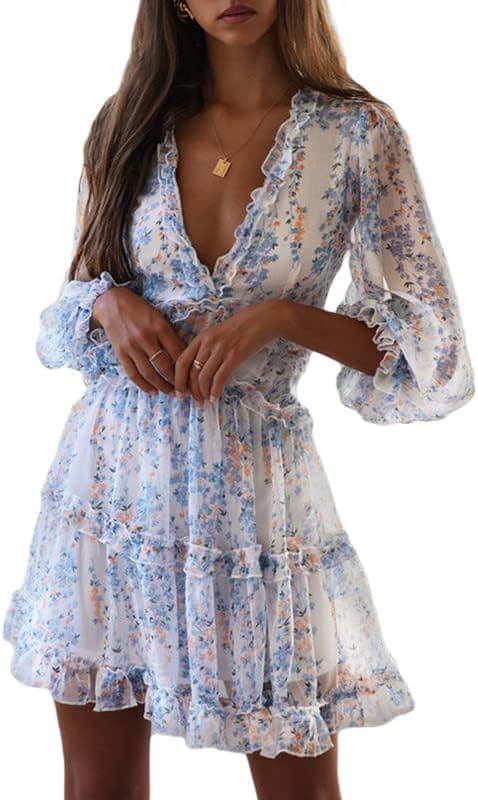 Dokotoo Womens 2023 Spring Summer Deep V Neck Ruffle Long Sleeve Floral Print Mini Dress