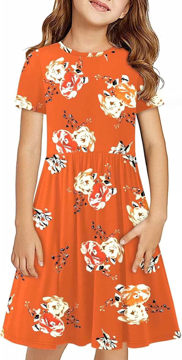 KYMIDY Girls Short Sleeve Floral Dress Kids Boho Casual Twirly Skater Dress with Pockets for Girls 6-13 Years