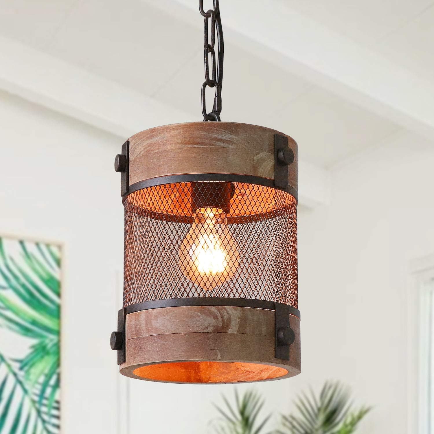 Anmytek Metal and Wood Chandelier Round Iron Net Pendant Light Retro Rustic Loft Antique Lamp Edison Vintage Decorative Light Fixtures and Ceiling Light Luminaire