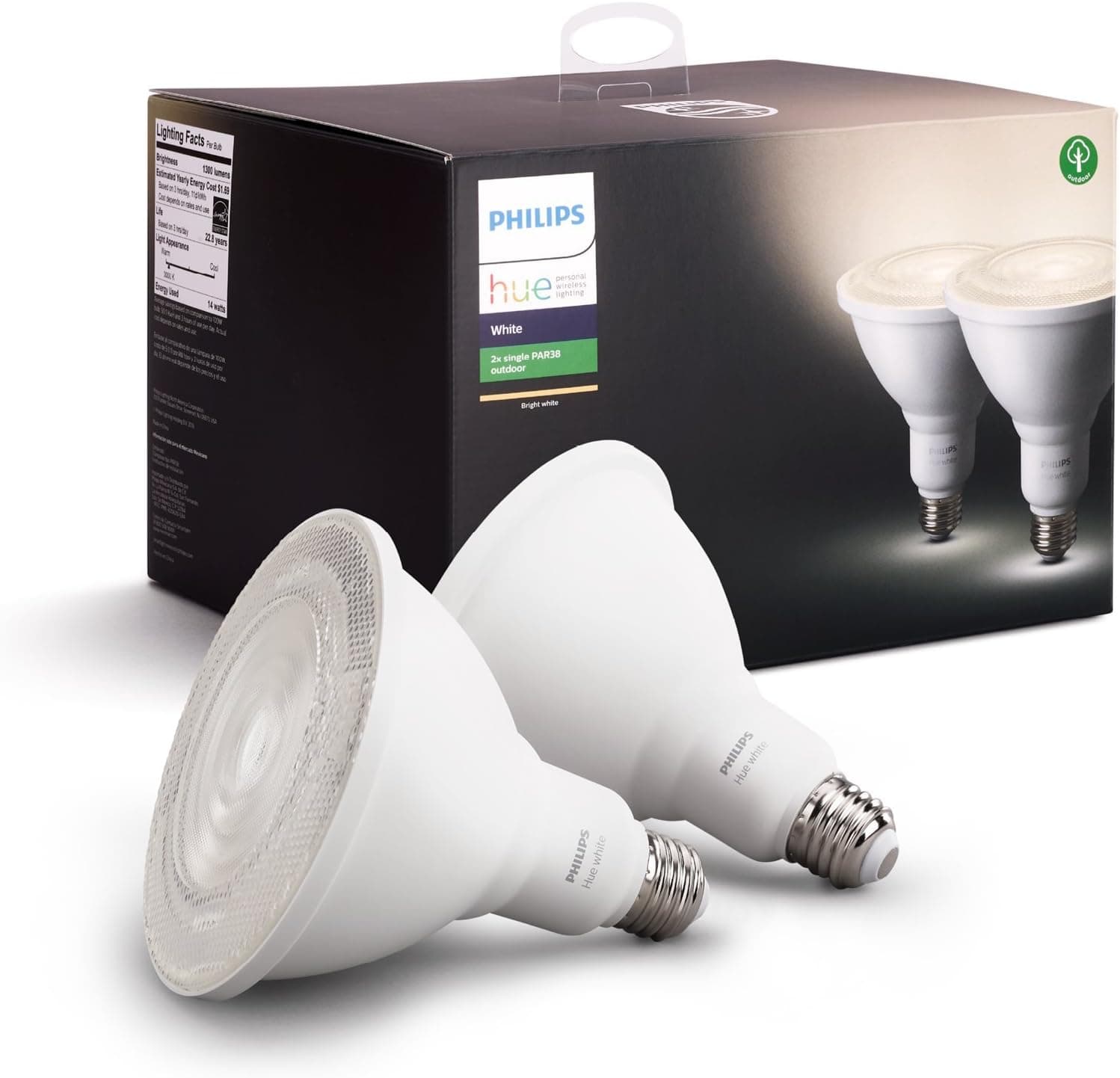 Philips Hue White Outdoor PAR38 13W Smart Bulbs (Philips Hue Hub required), 2 White PAR38 LED Smart Bulbs, Works with Alexa, Apple HomeKit and Google Assistant