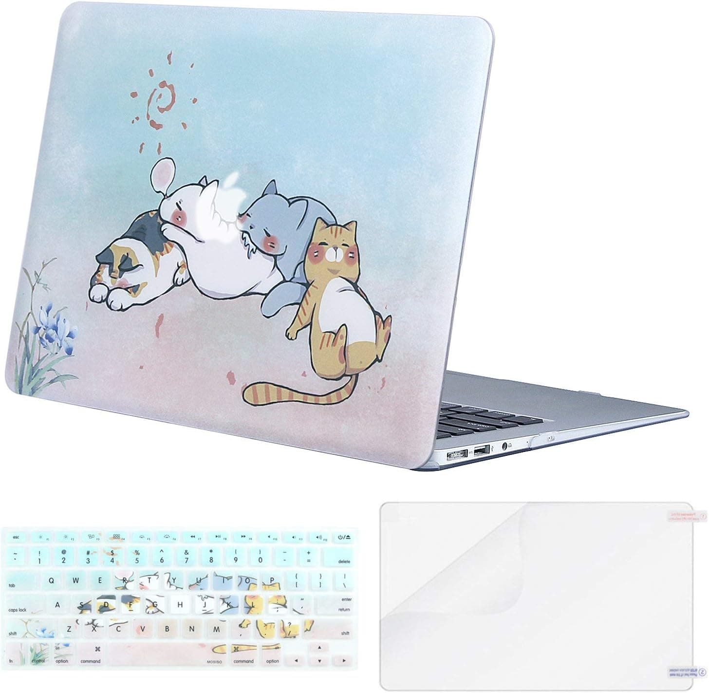 MOSISO Plastic Pattern Hard Shell Case & Keyboard Cover & Screen Protector Compatible with MacBook Air 11 inch (Models: A1370 & A1465), Cute Cartoon Cat