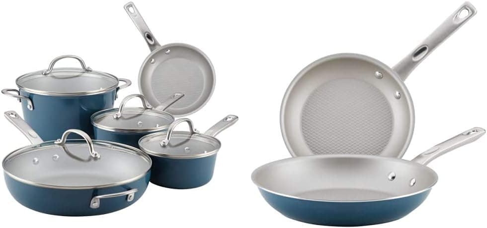 Ayesha Curry Home Collection Nonstick Cookware Pots and Pans Set, 9 Piece, Twilight Teal & Ayesha Curry Home Collection Nonstick Frying Pan Set/Fry Pan Set - 9.25 Inch and 11.5 Inch, Blue