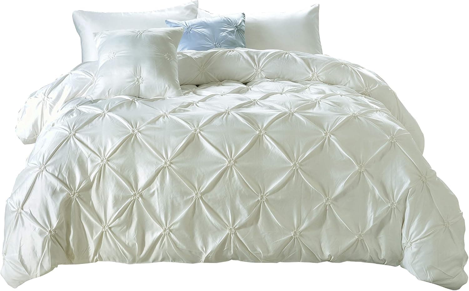 MEILA 3 Piece Pinch Pleat Pintuck Design Luxury Soft Brushed Silk Duvet Cover Set - White -King Size