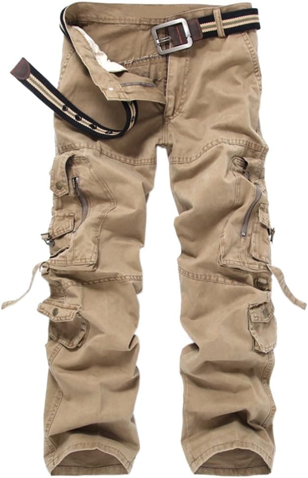 Fiream Mens Casual Cotton Loose Plus Size Pockets pants Straight Trousers(Khaki,34)