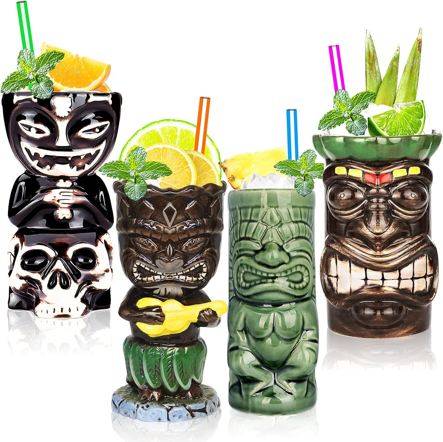 Tiki Glasses Tiki Mugs Set of 4 – Ceramic Hawaiian Party Mugs Large Drinkware, Tiki Bar Mugs for Cocktails, Premium Tropical Cups Drinks for Exotic Party