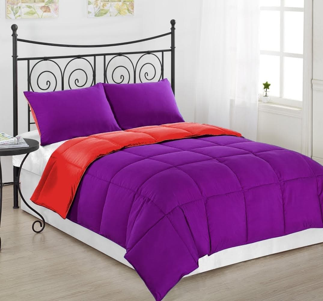 3pc Reversible Goose Down Alternative Comforter Set with Shams, Purple/Red Bed in a bag - King/Queen (Full/Queen)