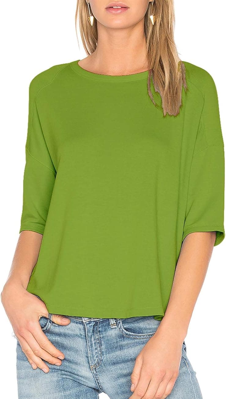 ALLY-MAGIC Womens 3/4 Sleeve Top Crew Neck Elbow Sleeve T-Shirt C4722 (L, Green)