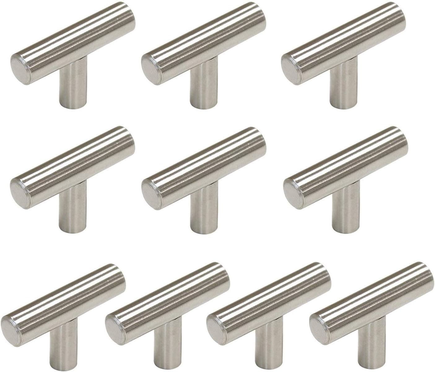 2" T Knob Brushed Nickel Single Hole T Bar Cabinet Knob 10 Pack Modern Euro Style Stainless Steel Kitchen Cabinet Hardware/Drawer Handles (Sigle Hole：Length:2"(50mm))
