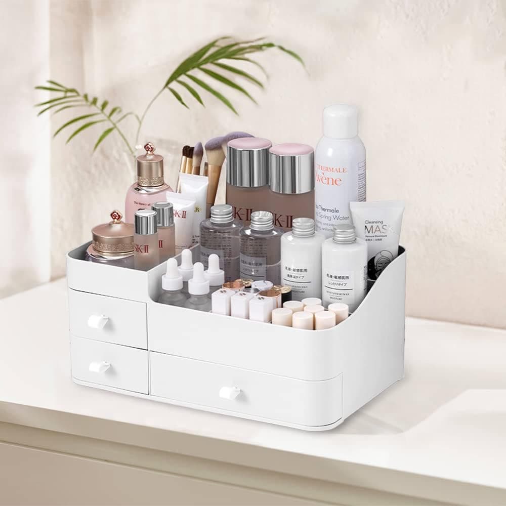 CIOUYAOS Makeup Organizer, Large Drawer Make Up Vanity Storage Box, Bathroom Counter Dresser Countertop Display Case, Desk Aesthetic White Holder for Cosmetics Nail Polish Perfume Skincare Brushes