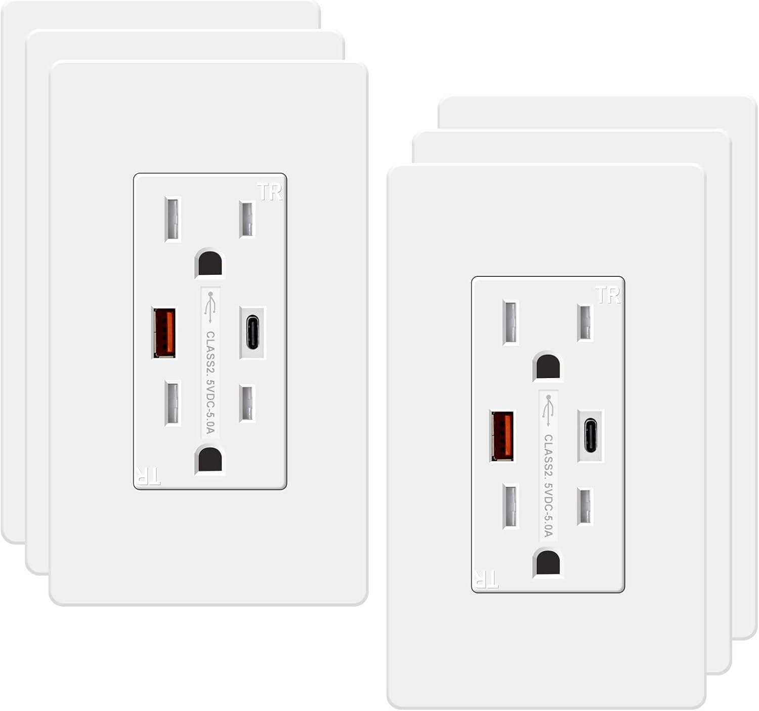 USB Outlet Wall Charger 6 Pack Decora High-Speed 5.0A 15A Outlet Receptacle Tamper-Resistant Duplex Receptacle with USB A C Ports, UL-listed Electrical Outlet Plug