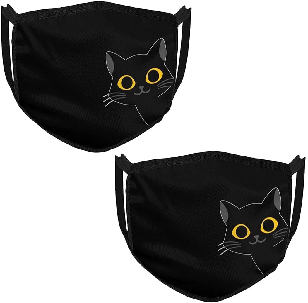 2Pcs Cute Cat Black Washable Face Mouth Cover Reusable Dust Filter Comfortable Comfy Breathable Outdoor Fashion Face Protections for Man and Woman