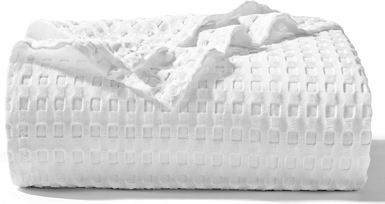 CozyLux Cooling Bamboo Cotton Waffle King Size Bedding Blanket, Soft Lightweight Breathable Blankets for All Seasons, Perfect Blanket Layer for Couch Bed Sofa (White,108x90 inches)