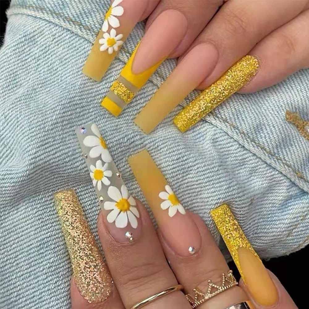 Feilisa Luxury Flowers Fake Nails Yellow Extra Long Press on Daisy Rhinestone Nails Pink Shiny Square Acrylic False Nails With Glue Sticker Prom Women's Nails False Nail - Tips 24 pcs