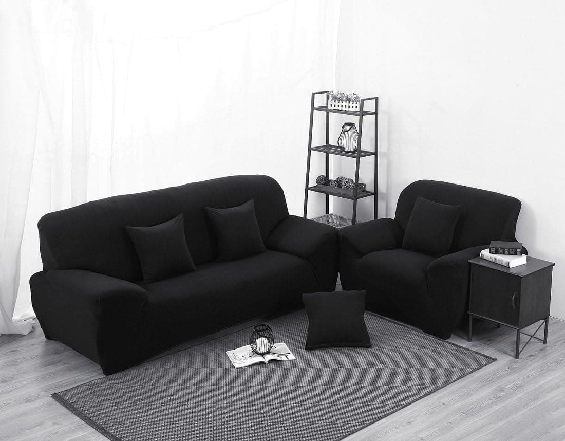 Black High Elasticity Fabric Sofa Slipcover Couch Cover Protector Three-Seater 74-90 Inch