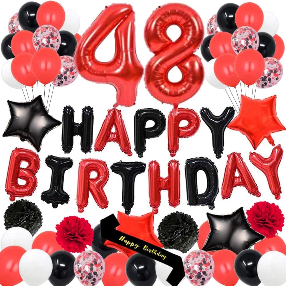 yujiaonly 48th Birthday Party Decorations-Happy Birthday Foil Ballons Banner Red Number 48 Happy birthday Sash Latex Balloons Perfect for 48 Years Old Party Supplies Balloons Number 48 Red