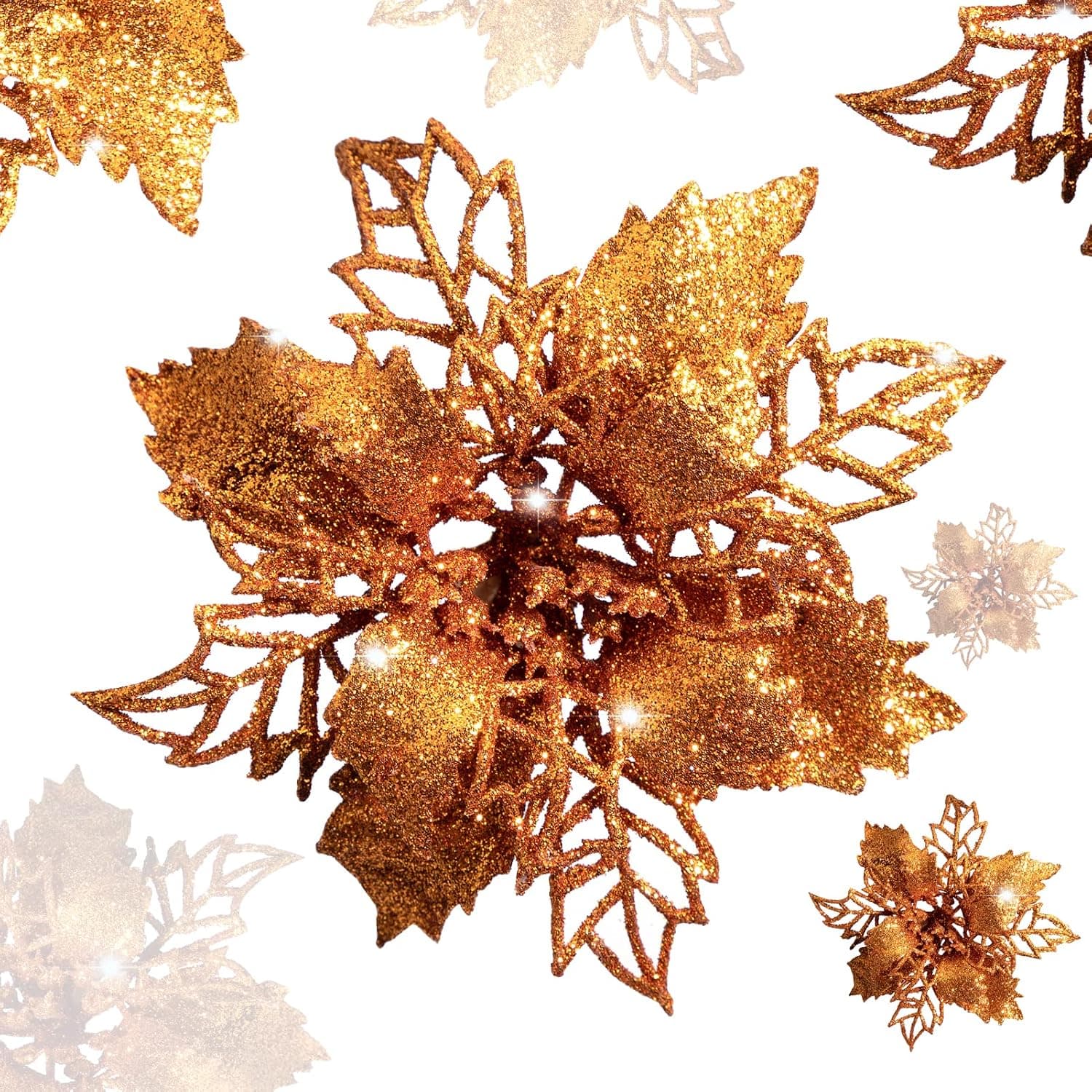 PEETEEPOE 16 Pcs 4.7‘’ Artificial Christmas Flowers Decorations, Glitter Poinsettia Christmas Flowers with Clips for Xmas Tree, Orange
