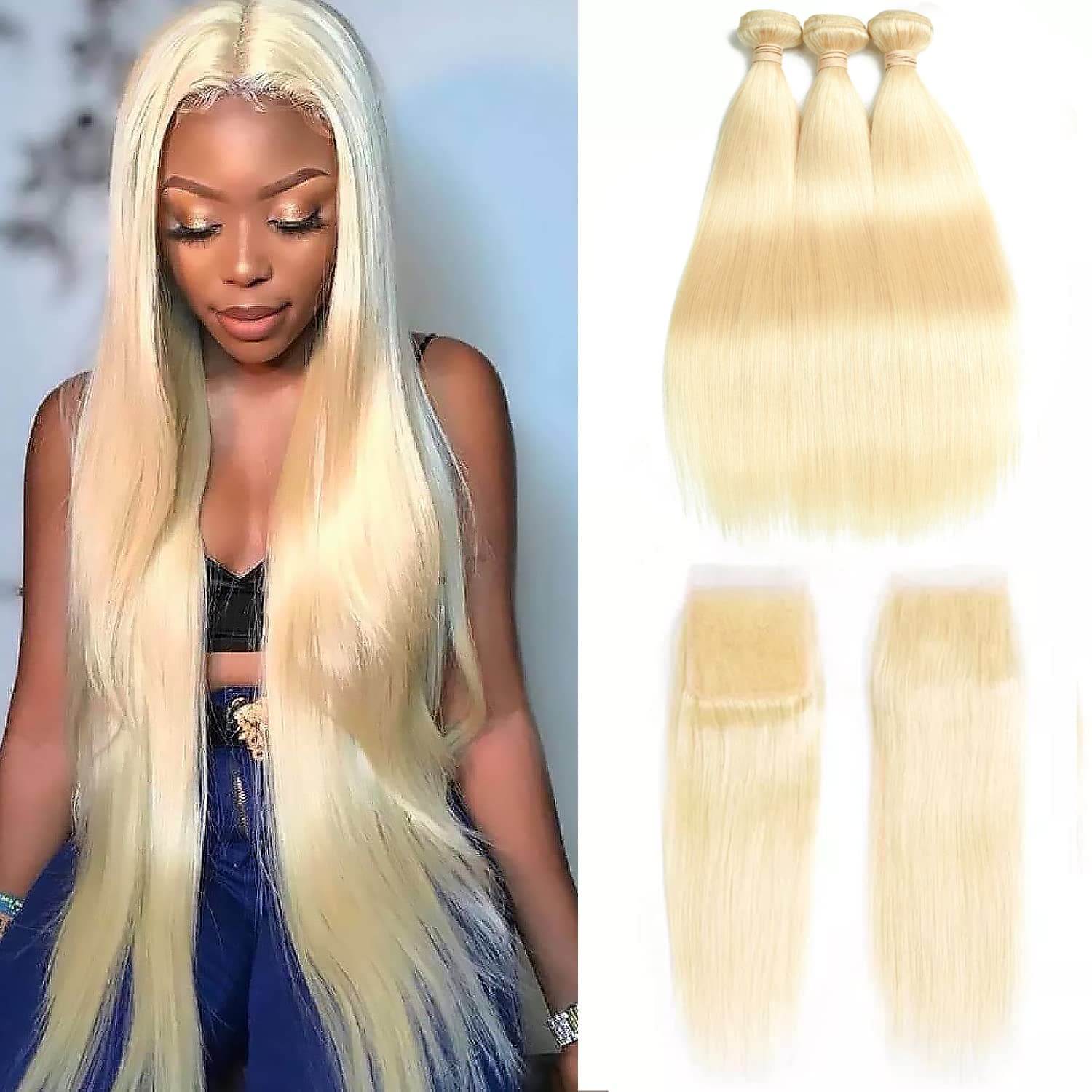 613 Human Hair Bundles with Closure Brazilian Straight with Closure 100% Virgin Human Hair Weave with 4x4 Lace Closure (10 10 10 +10, 613 bundles with closure)