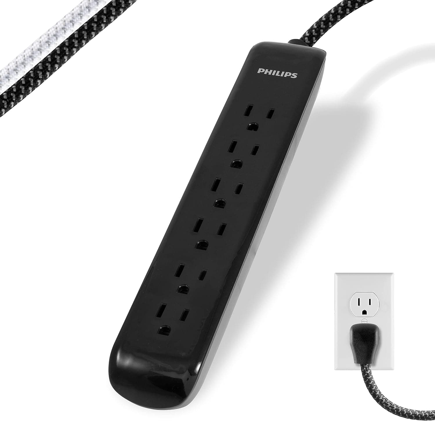 Philips 6 Outlet Surge Protector Power Strip, Designer Braided Power Cord, 4 Ft Power Cord, Flat Plug Extension Cord, Perfect for Office or Home Décor, 720 Joules, ETL Listed, Black, SPC3064BD/37
