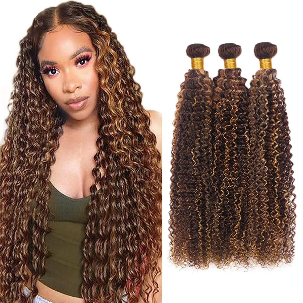 8 10 12 Inch P4/30 Brown Human Hair Bundles Highlight Kinky Curly Bundles Blonde and Brown Color Wet and Wavy Bundles 8A Unprocessed Brazilian Virgin Hair Extensions Highlight Kinky Curly Bundles