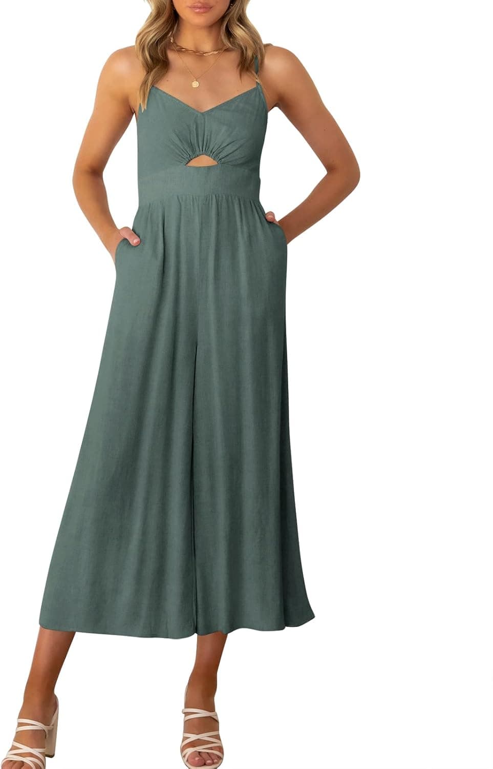 ANRABESS Women's Summer Spaghetti Straps V Neck Cutout Smocked High Waist Wide leg Jumpsuits Rompers with Pockets