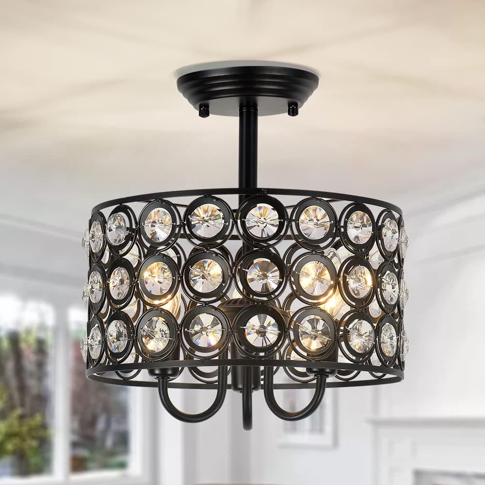 HMVPL Modern Semi Flush Mount Light Fixture, Black Crystal Drum Shade Chandelier Lamp Ceiling Light for Dining Room Living Room Bedroom Kitchen, Foyer, E26