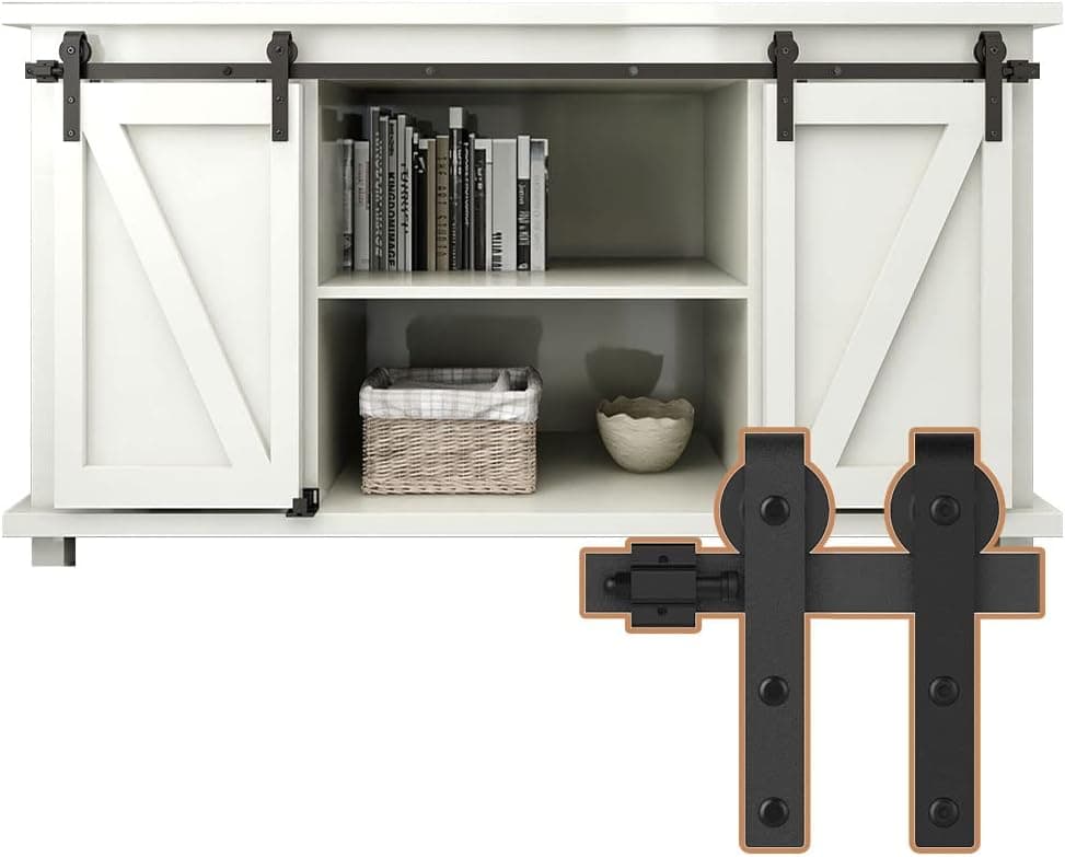 5FT Super Mini Sliding Barn Door Hardware Kit Cabinet Double Door Track Roller Kit for Cabinets Wardrobe TV Stand, J Shape(No Cabinet)