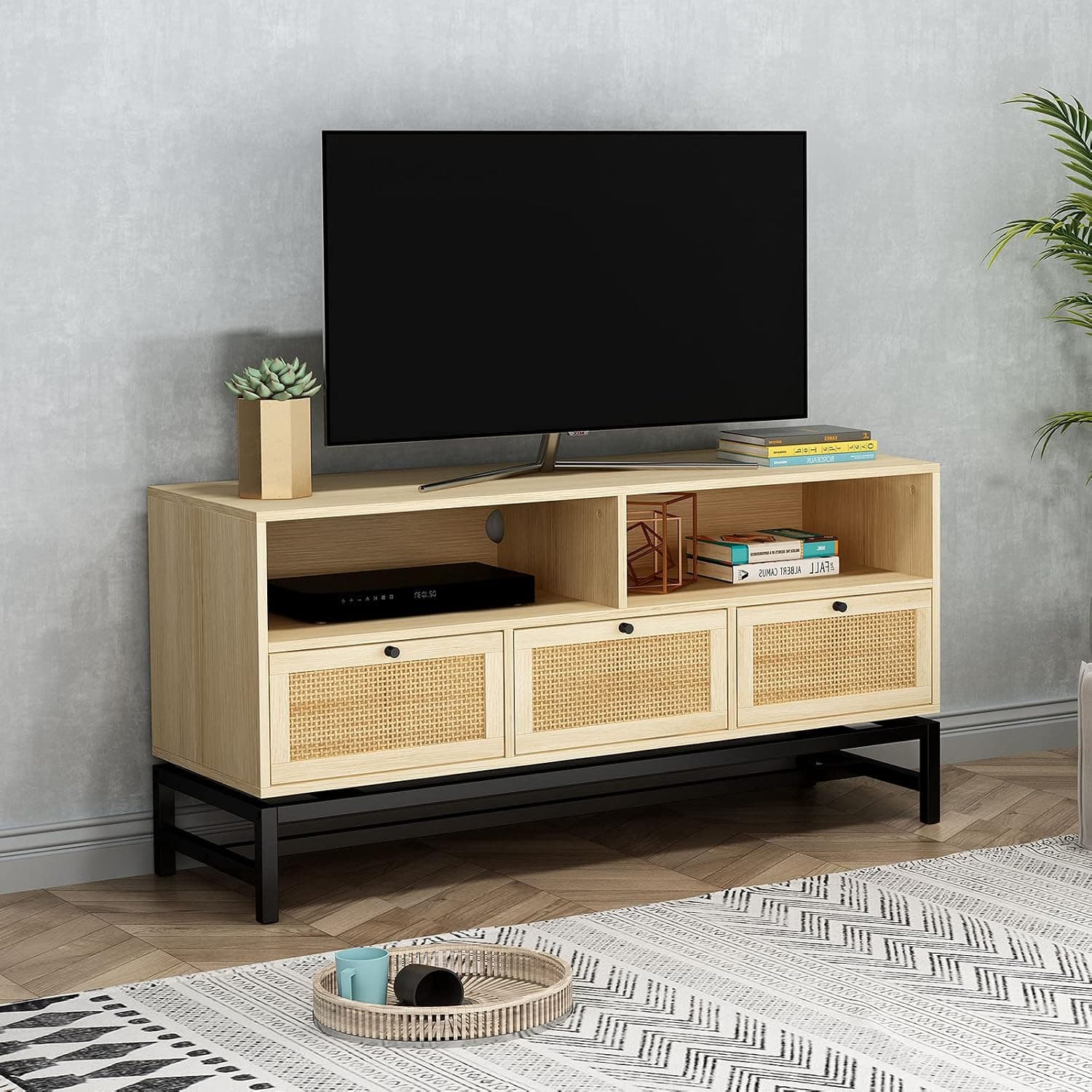 Boho TV Stand with 3 Rattan Drawers, Modern Entertainment Center with Open Shelves Up to 55 Inch TV, for Livingroom, Bedroom