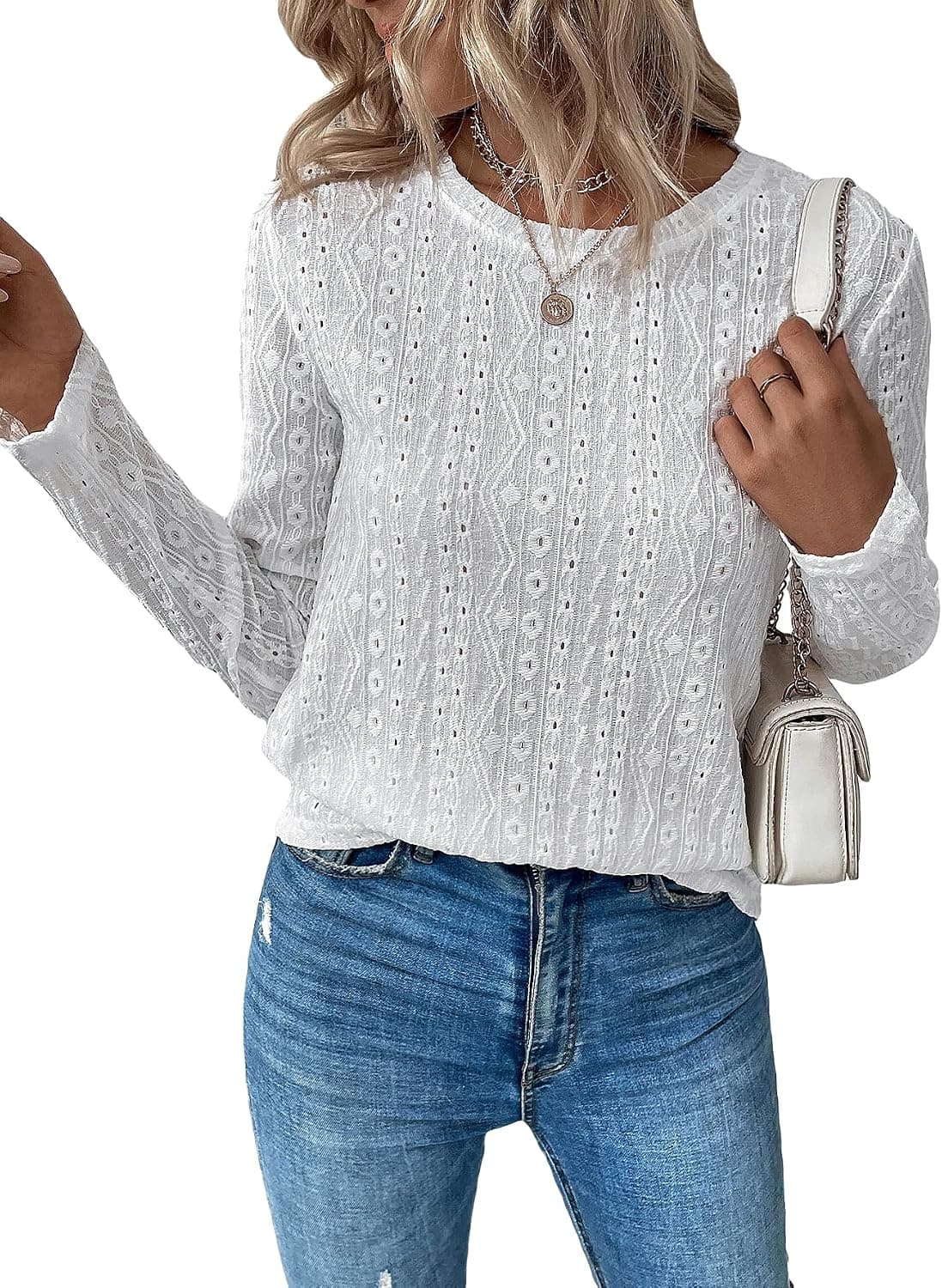 GORGLITTER Women's Eyelet Round Neck T-Shirt Long Sleeve Casual Tee Top