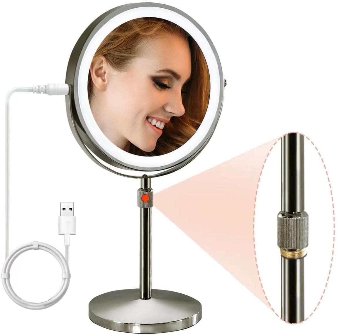 Lighted Makeup Mirror 1x/10x Magnification Adjustable Height,Rechargeable Double Sided Vanity Mirror with lights,3 Color Light with Adjustable Brightness,8"Lighted Tabletop Light Up Mirror(Nickel)