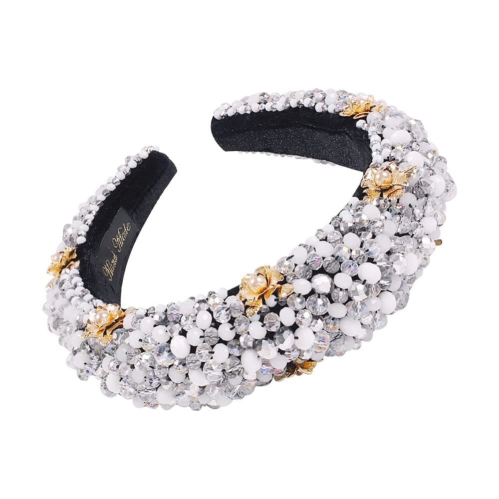 JWICOS Silver Elegant Velvet Wide Headbands Vintage Hairband with Crystal Beads Shining Fashion Flower Pearl Hair Hoops for Women and Girls Pack of 1 (Silver)