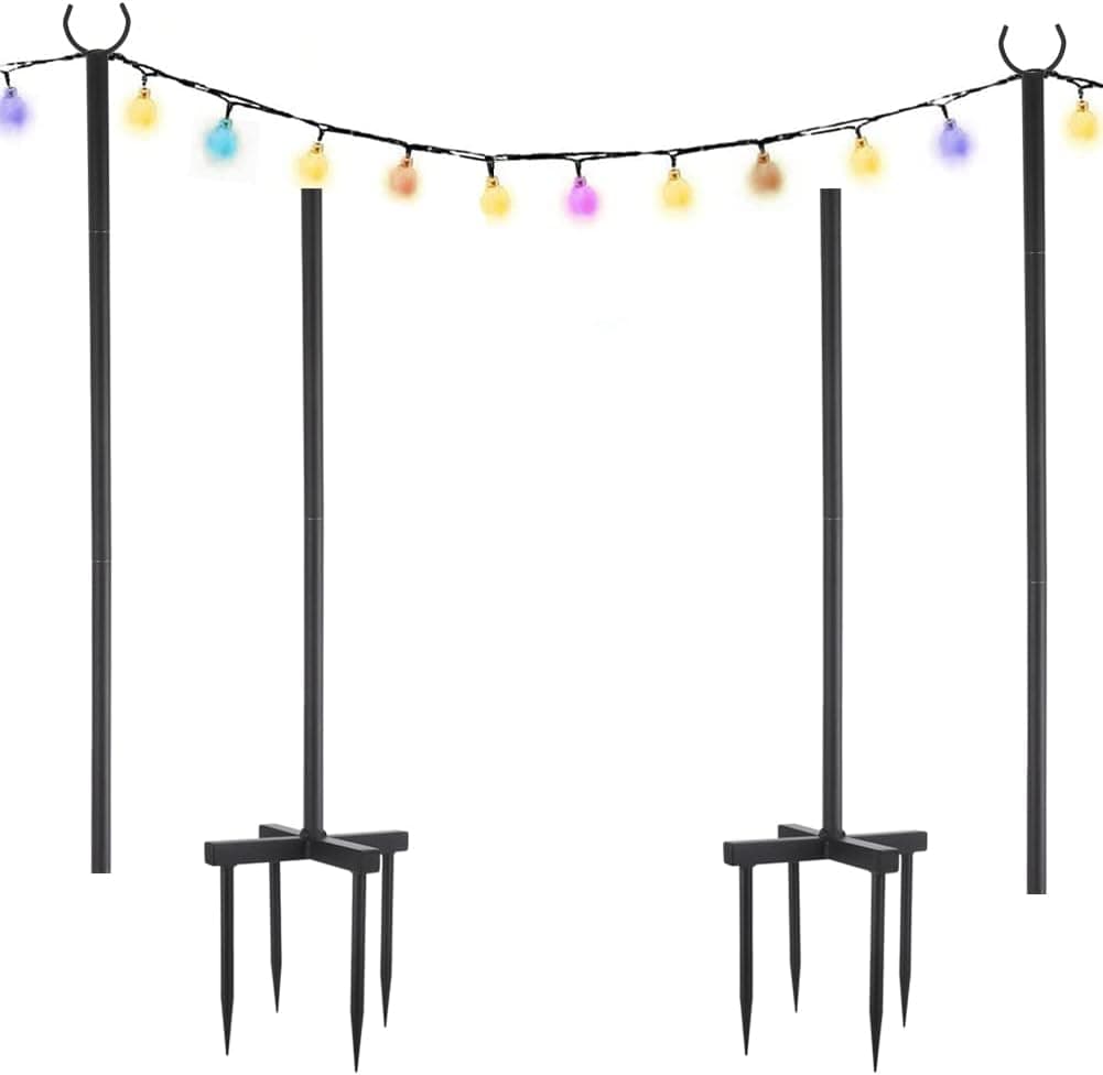 Outside String Light Poles，(1X 8.3ft)Height Adjustable Metal Stand Pole with Hooks for Hanging String Lights，Garden, Backyard, Patio Lighting Stand for Parties, Wedding (Black2, 2 Pack)